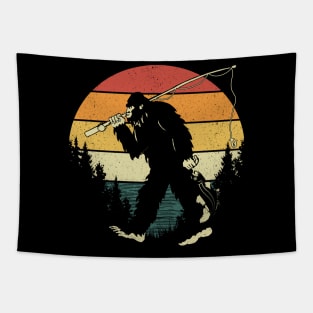 Bigfoot Fishing Retro Sunset Tapestry