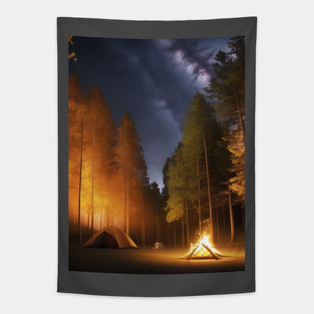 camping in the woods Tapestry by Vermillionwolf