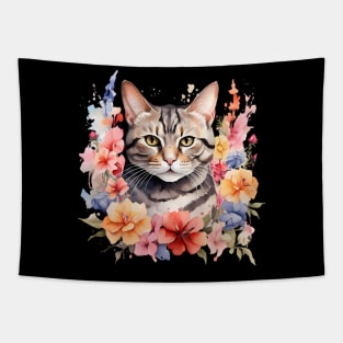 An american shorthair cat decorated with beautiful watercolor flowers Tapestry