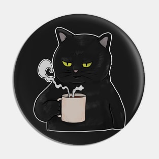 Grumpy Black Cat with Coffee Morning Grouch Pin