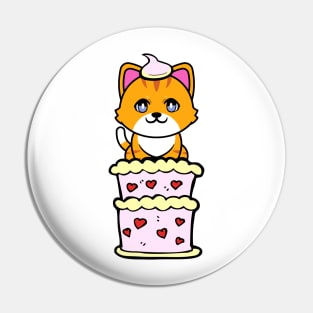 Funny orange cat jumping out of a cake Pin