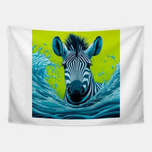 Zebra splashes water while swimming Tapestry