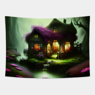 Sparkling Fantasy Cottage with Lights and Glitter Background in Forest, Scenery Nature Tapestry