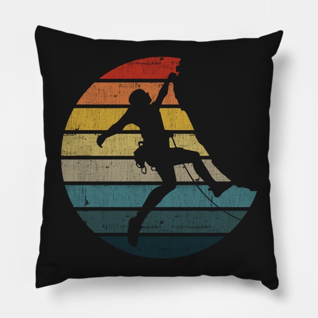 Bouldering Silhouette On A Distressed Retro Sunset graphic Pillow by theodoros20