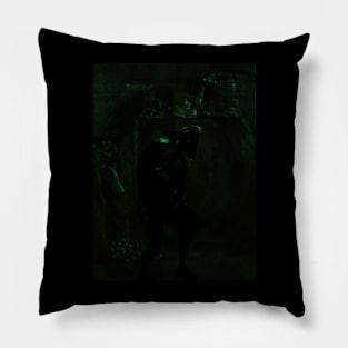 Portrait, digital collage, special processing. Bizarre. Dark man figure, like pirate. Death itself. Weird room, green, emboss. Pillow