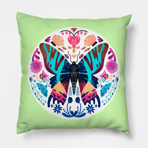 Madagascan Sunset Moth and Vibrant Flowers Pillow by narwhalwall