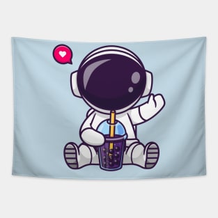 Cute Astronaut Drinking Boba Milk Tea Space Cartoon Tapestry