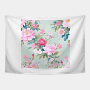 Soft watercolor flowers and birds on mint green Tapestry