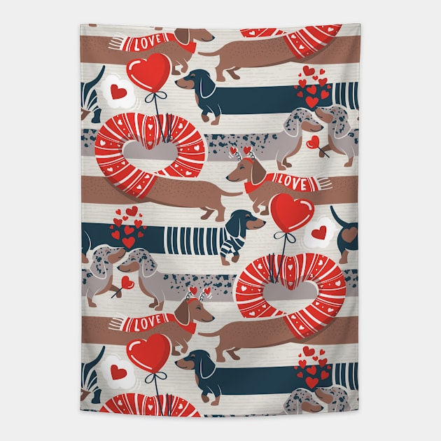 Dachshunds long love // beige background neon red hearts scarves sweaters and other Valentine's Day details brown nile blue and dark grey spotted funny doxies dog puppies Tapestry by SelmaCardoso