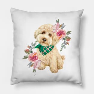 Cute Gold Labradoodle Puppy Dog with Flowers Watercolor Art Pillow