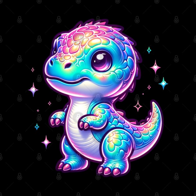 Chibi Baby Dino Neon Holographic Colorful Kawaii by Lavender Celeste