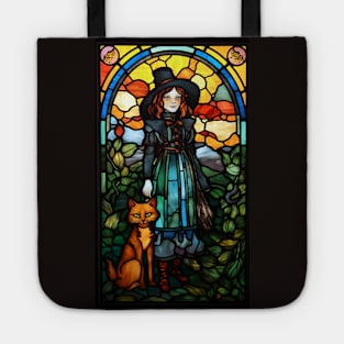 Stained Glass Style Lady With A Cat Tote