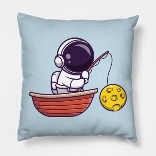 Astronaut Fishing Moon On Boat Cartoon Pillow