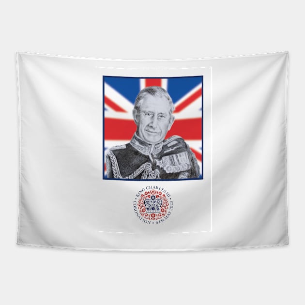 King Charles III Charcoal Portrait on Union Jack Tapestry by BenitaJayne