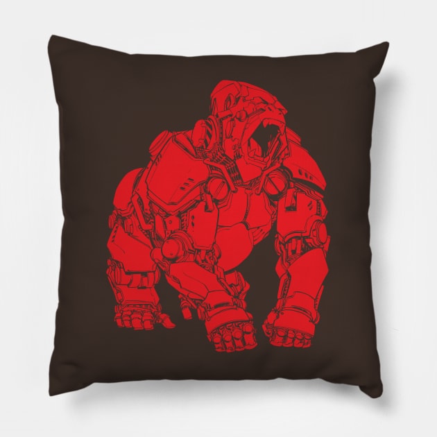 Red Robot Ape Pillow by WhiskeyMech