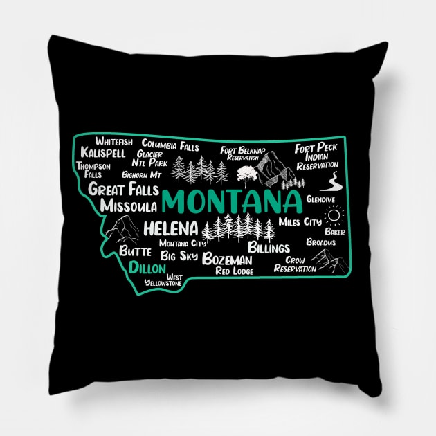 Cute map of Dillon Montana, Helena, Missoula, Great Falls, Bozemian, Billings, Kalispell, Big Sky Pillow by BoogieCreates