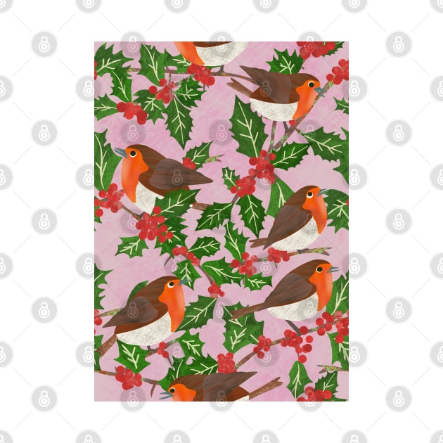 Paper cut robins in a holly tree repeat pattern by NattyDesigns