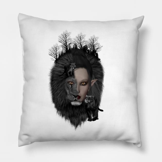 Wonderful dark lion with a half women face Pillow by Nicky2342