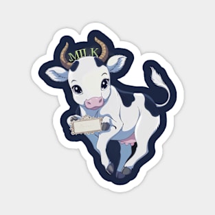 Baby cow is predominantly white with black spots and is holding a sign that reads “Milk Magnet