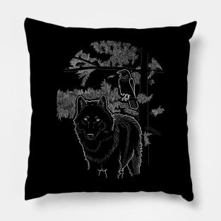 "Wolf and Raven Friends" Dark Lineart with Tree Pillow