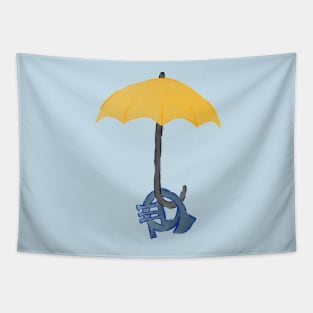 Yellow umbrella and blue horn - blue Tapestry