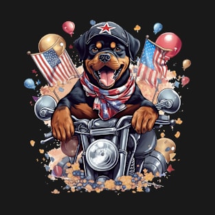 A festive patriotic t-shirt design with a Rottweiler Dog on a decorated motorcycle T-Shirt