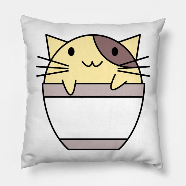 Cat in coffee cup yellow and brown Pillow by coffeewithkitty