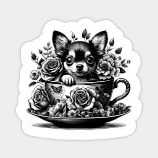 chihuahua peeking dog out from a teacup, surrounded by delicate flowers Magnet