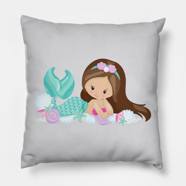 Little Mermaid, Cute Mermaid, Shells, Brown Hair Pillow by Jelena Dunčević