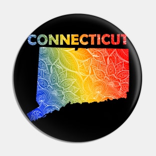 Colorful mandala art map of Connecticut with text in blue, yellow, and red Pin