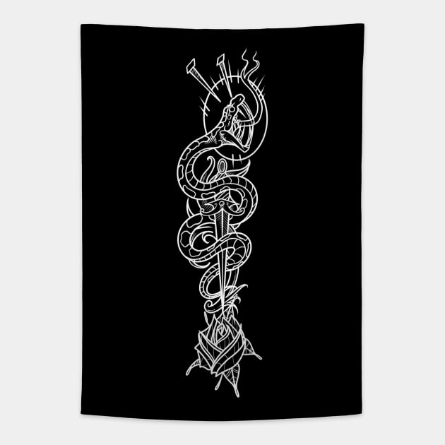 Traditional Snake & Rose Tattoo Blk Tapestry by Scottconnick