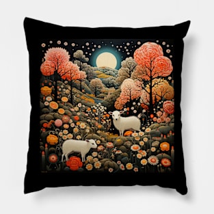 Surrealistic Folk Art Dark Floral Motif Sheep Design Pillow