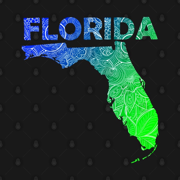 Colorful mandala art map of Florida with text in blue and green by Happy Citizen