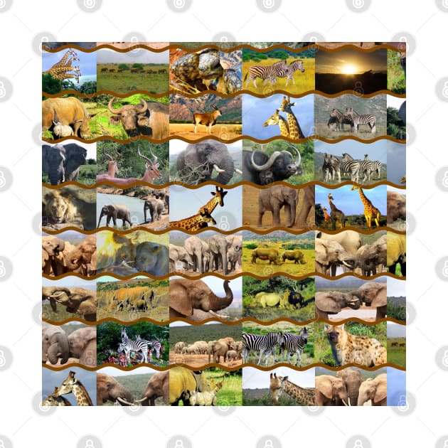 African Wildlife Collage Wave Lines Brown by PathblazerStudios