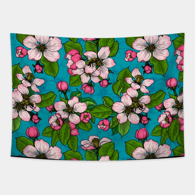 Apple blossom on turquoise Tapestry by katerinamk