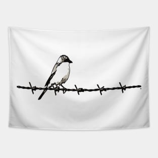 Minimalist Bird On Barbed Wire Black and White Illustration Tapestry