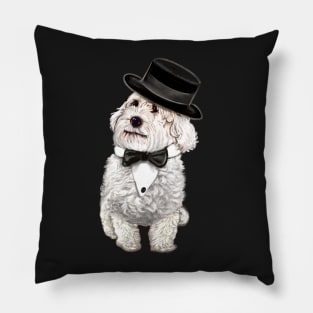 cavalier king charles spaniel fancy dress 2022 best gifts for dog lovers,  white Cavapoo Cavoodle in formal wear bow tie and top hat Pillow