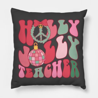 Holly Jolly Teacher Groovy Christmas Pillow