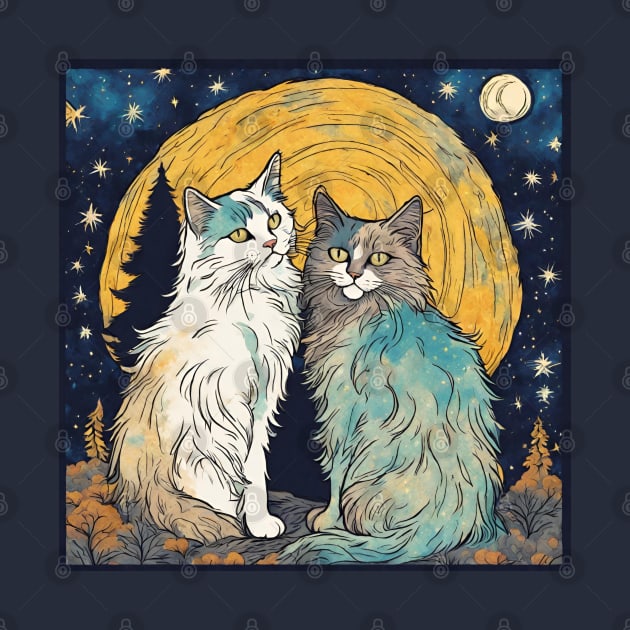 Vintage Norwegian Forest Cats are Platonic Soulmates in Van Gogh Starry Night Sky Cat Mom by wigobun