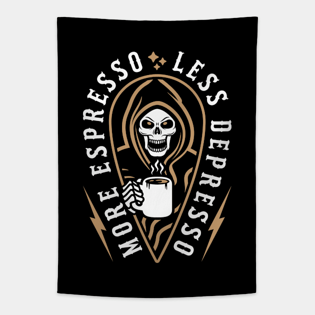 More Espresso Less Depresso Grim Reaper Coffee Brown Tapestry by brogressproject