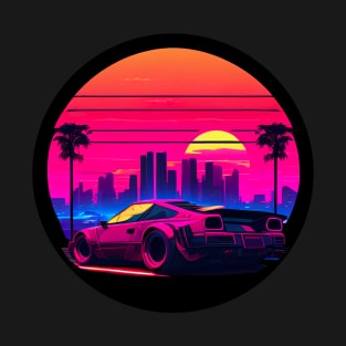 Vaporwave Retrowave City Sports Car Vintage Sunset Palm Trees Skyline Skyscrapers T-Shirt