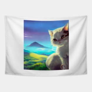 Cute white cat in anime style Tapestry