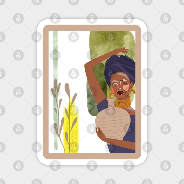 Set of abstract vertical illustrations with african woman in turban, ceramic vase and jugs, plants, watercolor shapes background Magnet by Modern Art