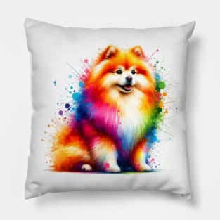 Vibrant Japanese Spitz in Abstract Splash Art Style Pillow