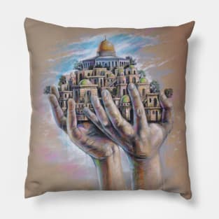 Save Jerusalem Al Aqsa Painting, Palestinian Resistance Hands Holding Al Quds Old City Pillow