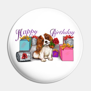 Happy birthday Cavoodle puppy dog with rose in its mouth surrounded by gifts ii. Cavapoo birthday Pin