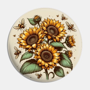 Vintage Sunflowers & Bees Botanical Pin