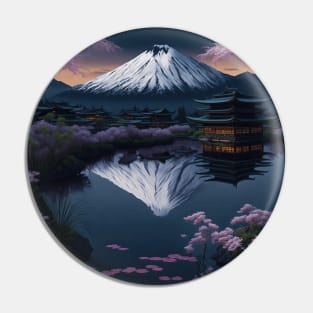 Serene Mount Fuji Sunset - Peaceful River Scenery - Lotus Flowers Pin