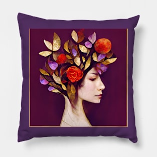 tree, flower, rose, gold, silver, red, purple, woman Pillow