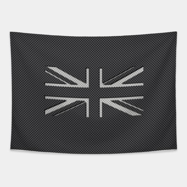 UK Flag Union Jack in Carbon Fiber White on Black Tapestry by podartist